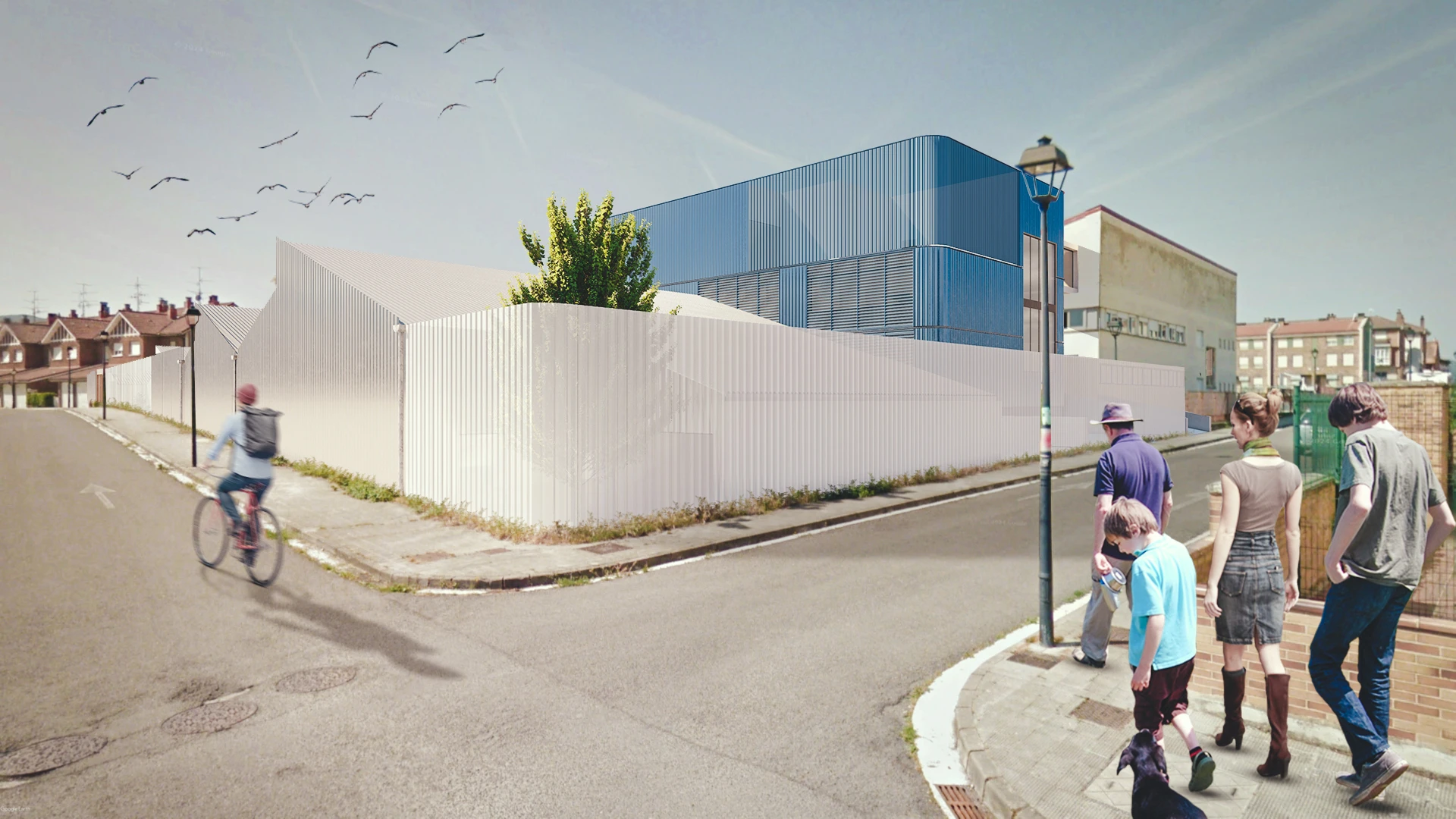 Render exterior de esquina con muro perimetral blanco y volumen de edificio azul.
